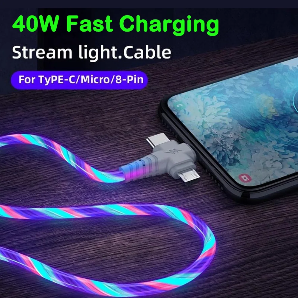 

Usb 3in1 Flowing Charger Cable LED Glow Luminous Lighting 40W Fast Charging Micro USB Type C for IPhone Huawei Xiaomi Wire Cord