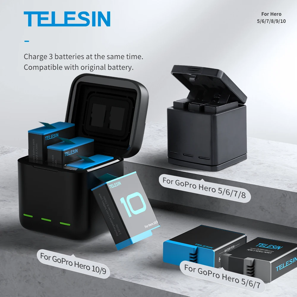 TELESIN Battery for GoPro Hero 10 9 8 7 6 5 3 Ways LED Light Charger TF Card Storage For Black | Электроника