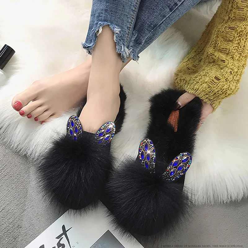 Новинка осени с заячьими ушками меховые тапочки Повседневное блестящие сандалии
