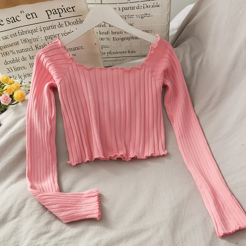 Женские трикотажные футболки с длинным рукавом OUMEA облегающие кроп-топы в