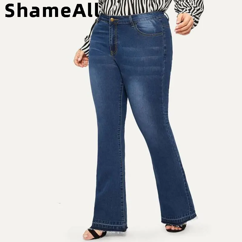 

Plus Size Vintage Blue Stretch Flare Jeans For Women 4XL 5XL High Waist Fringe Tassel Hem Bell-Bottoms Long Denim Pants Mom Jean