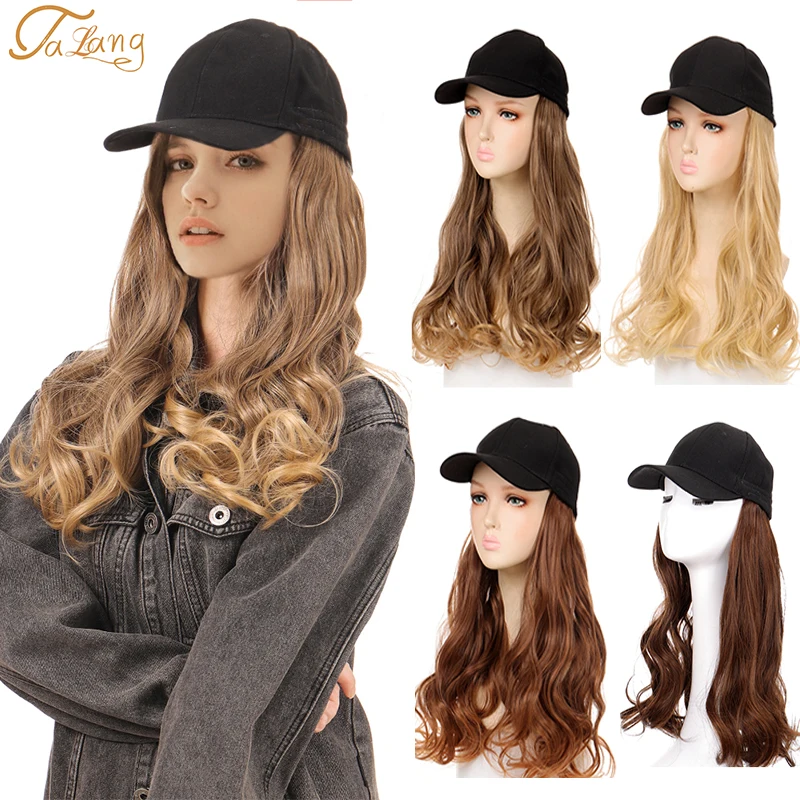 Long Wavy Synthetic Baseball Cap Hair Wig Natural Black Brown Hat Wigs Natural Seamless Hair Extensions Adjustable For Girl