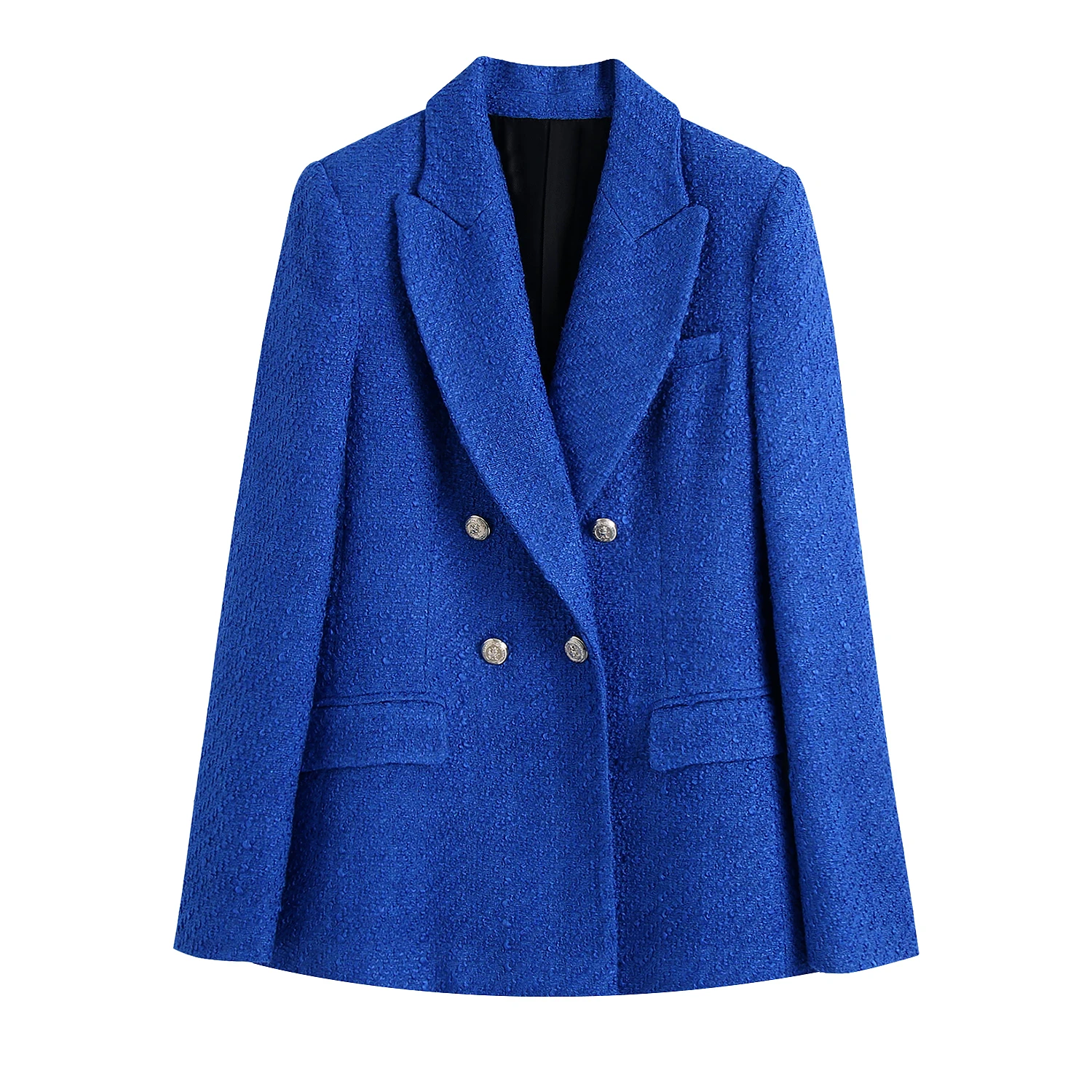 

Women Blue Grain Office Lady Fashion Blazer Jacket Female Notched Collar Double Breasted Pocket Chic Casual Formal Coat Top
