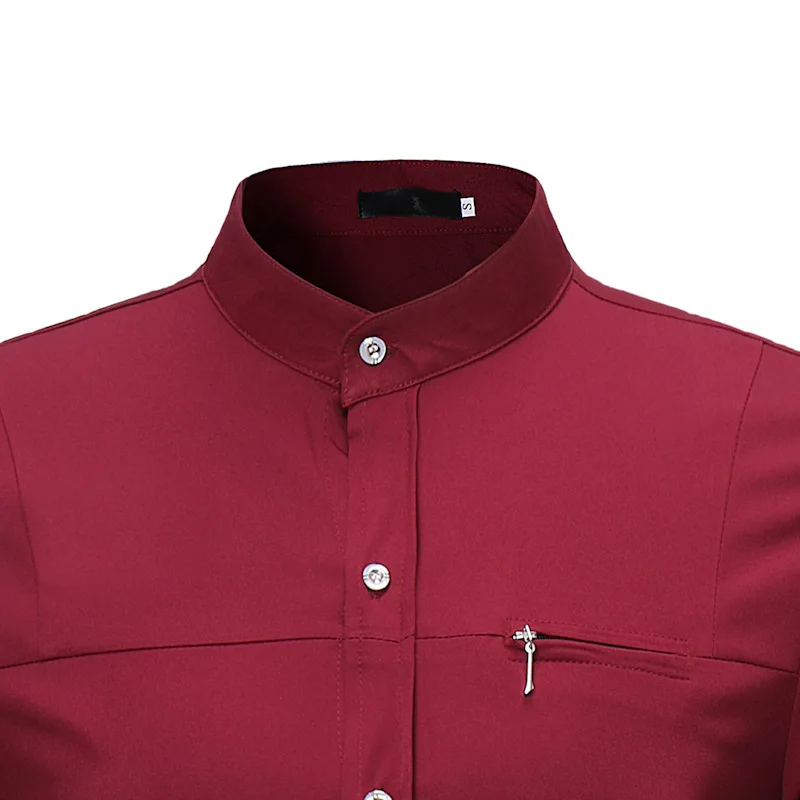 Модные мужские деловые рубашки с воротником-стойкой повседневные однотонные