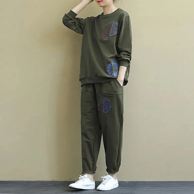 

Casual Solid Cotton Two Peice Tracksuit Suit Womens Fashion Long Sleeve Print Top Autumn Harem Pant Sets Loose Plus Size Outfits