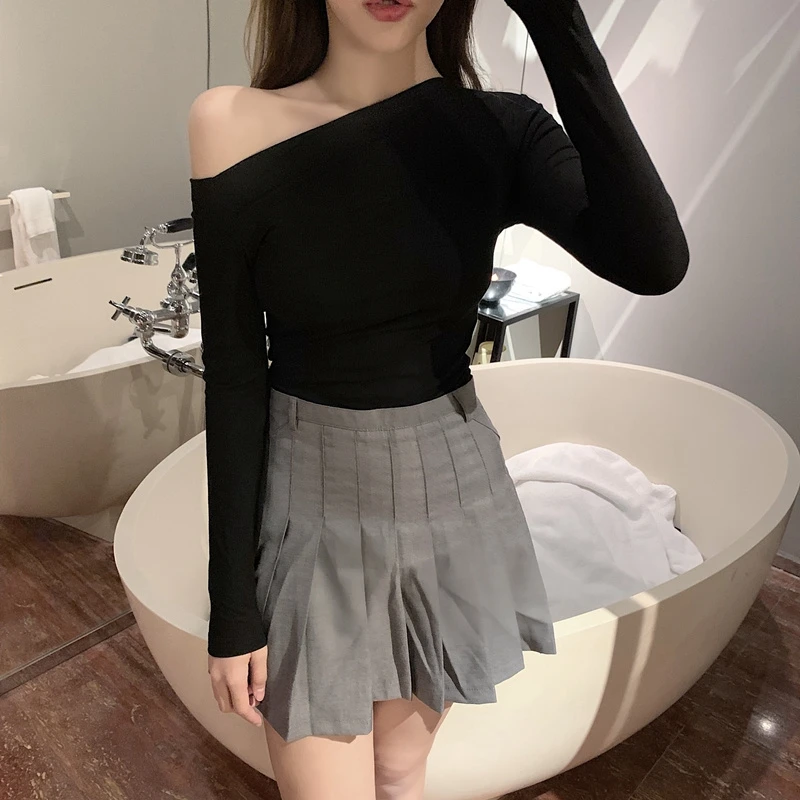 RealShe Футболка женская хлопковая с вырезом лодочкой и длинным рукавом Однотонная