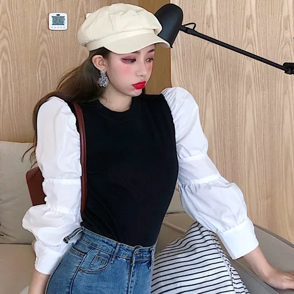 Пуловер женский с круглым вырезом и пышными рукавами осень | Женская одежда