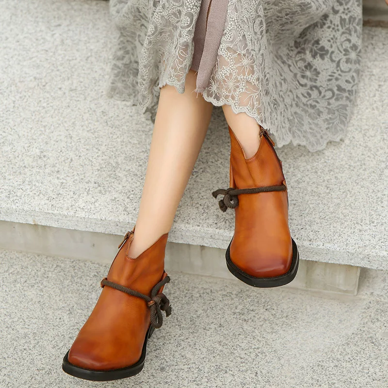 

Hjwsfdcai New British Wind Lace-Up Decor Women Zipper Ankle Boots Cowhide Leather Wedges Ladies Booties Retro Style Mujer Shoes