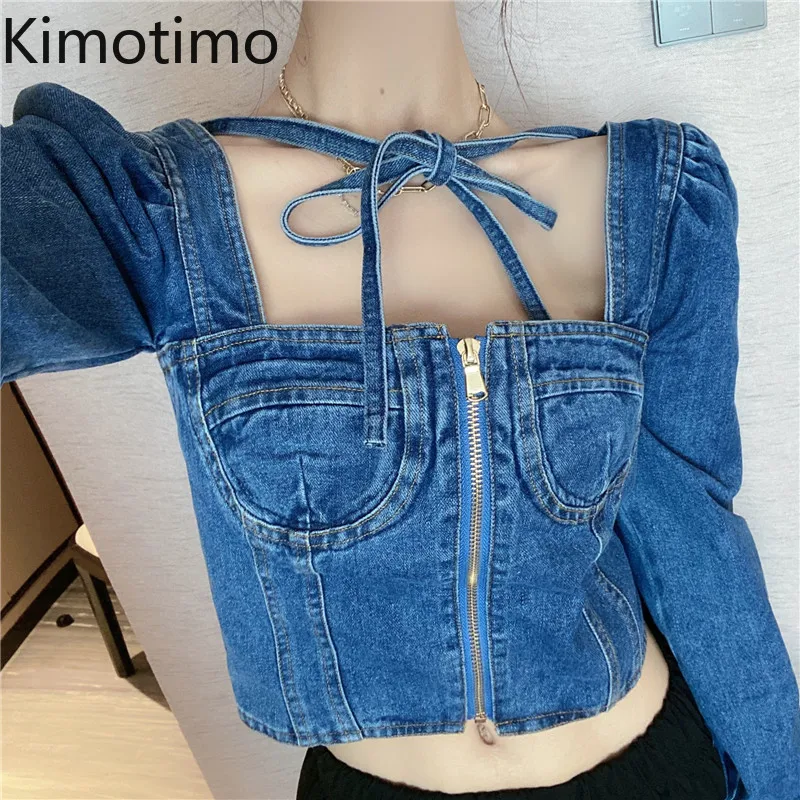 

Топ Kimotimo женский джинсовый с квадратным вырезом, пикантный укороченный топ с открытой спиной и поясом, универсальный облегающий кардиган н...