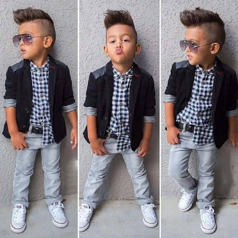 

Children Boys Clothing Set 2019 Spring Casual Coat+Grid T-shirt +Jeans 3PCS Handsome Kids Boys Clothes Outfits