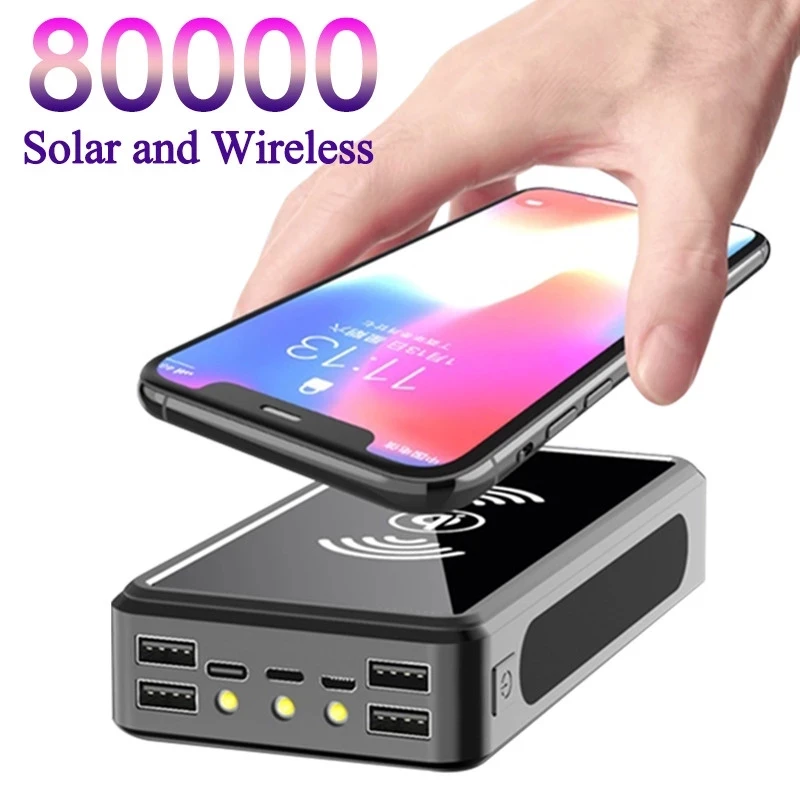 

Solar Wireless Portable 80000mAh Power Bank Safe Fast Charging Powerbank 4 USB LED External Battery for Xiaomi Iphone13 Samsung