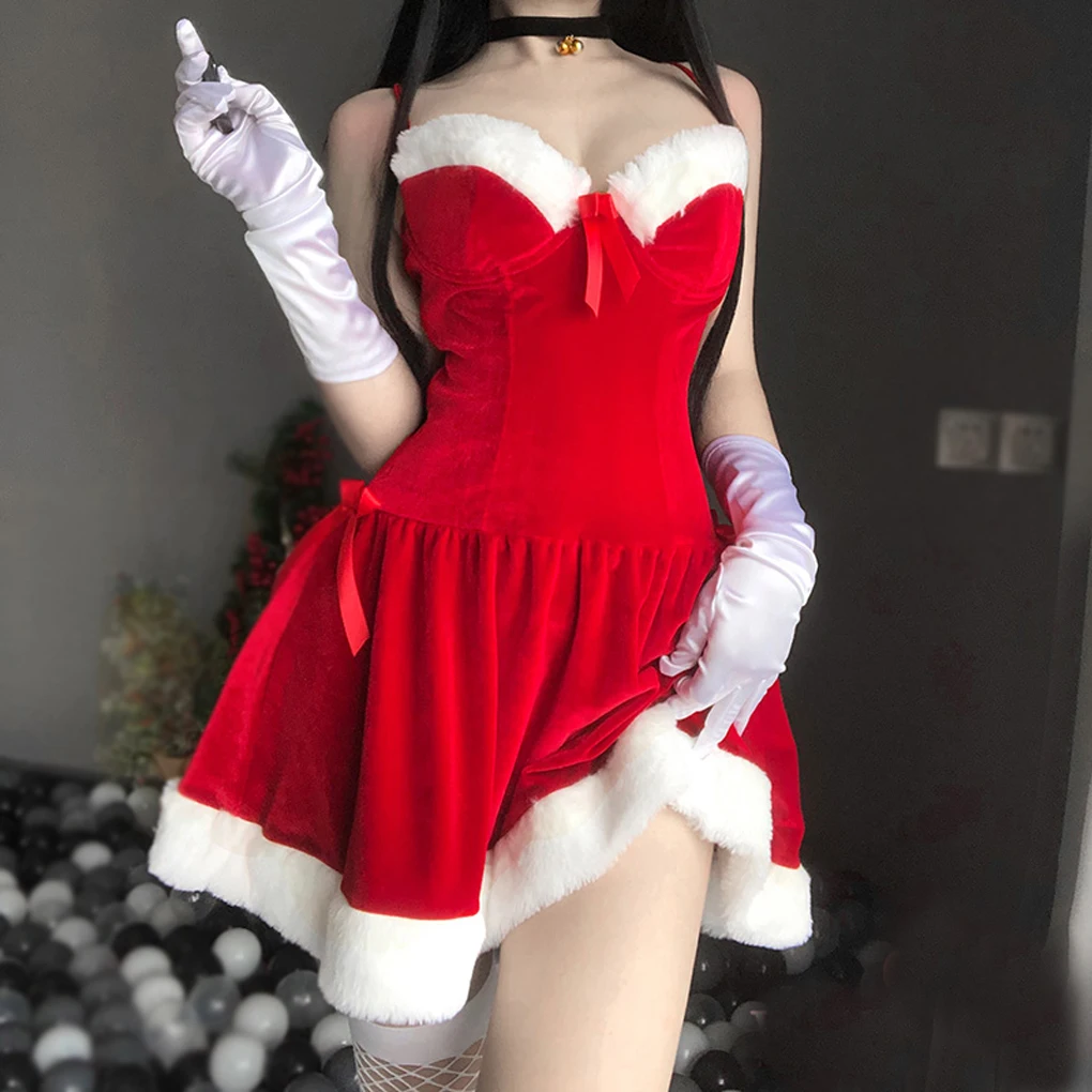 

Christmas Xmas Party Lady Miss Santa Claus Cosplay Costume Sexy Uniform Sleeveless Maid Waitress Winter Dress