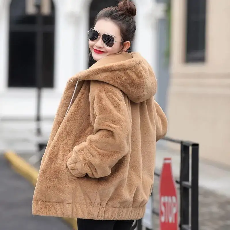 Plush Thickening Faux Rabbit Fur Hooded Jacket Women 2022 Winter New jackets Loose Long Sleeves Outerwear Fashion Female Coat
