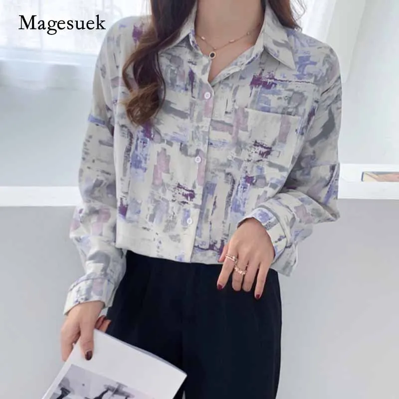 

Korean Fashion Painting Printed Chiffon Blouse Autumn New Vintage Long Sleeve Women's Blouse Single Breasted Shirts Women 11139