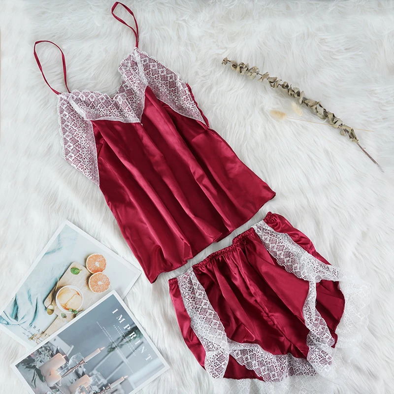 Women's Sleepwear Sexy Satin Pajama Set White Lace V-Neck Pyjamas Sleeveless Cute Cami Top and Shorts Pijamas Summer