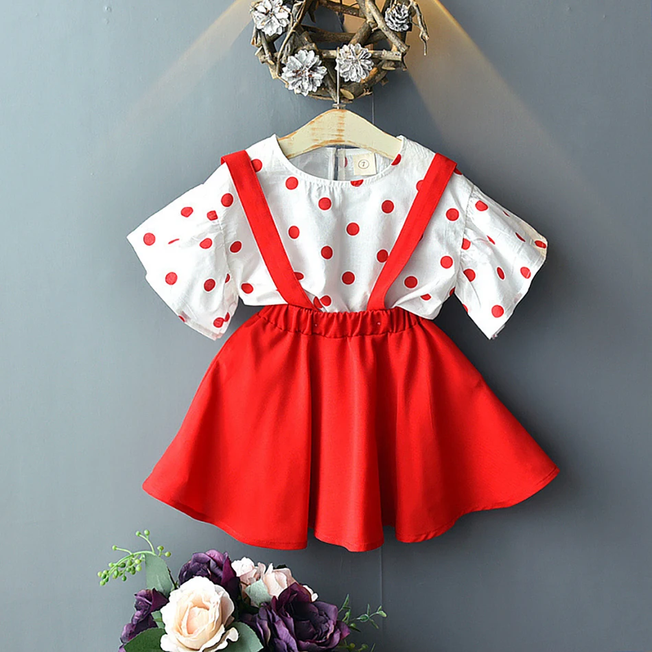 

LUCKKIDS Girl T-Shirt+Skirt Suit Polka Dot Clothing Suspender Skirt Summer Vibe Outfit For Kids Birthday Gift 2-6T