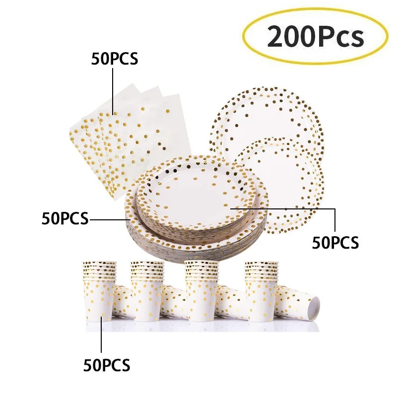 200pcs Golden set 1 200 шт одноразовые столовые приборы в Золотой горошек, набор для свадебной вечеринки, бумажные тарелки и стаканы из золотой металлической фольги, обеденные тарелки, десертный поднос для кухни - Цвет: 200pcs Golden set 1
