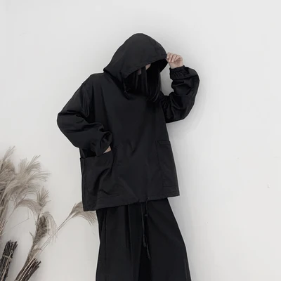

Loose Fit Black Drawstring Sweatshirt New Hooded Long Sleeve Women Big Size Fashion Tide Spring Autumn 2020