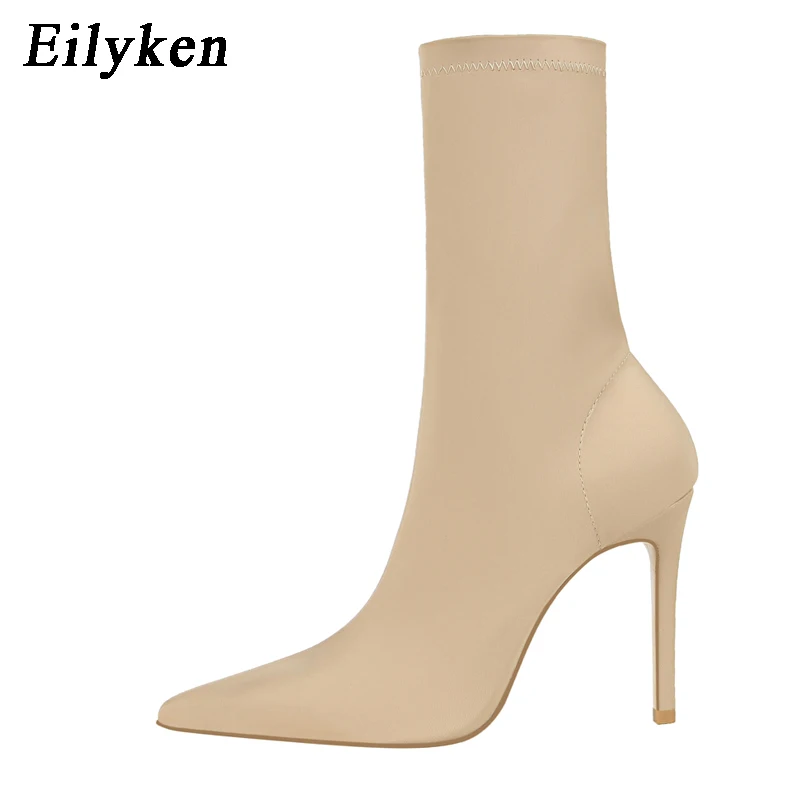 Apricot Eilyken/удобные Стрейчевые женские сапоги-носки; ботильоны на высоком квадратном каблуке; модная Осенняя растягивающаяся обувь с острым носком; Цвет Черный; большие размеры - Цвет: Apricot