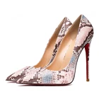 Туфли с красной подошвой на высоком каблуке Для женщин повседневная обувь носок, тонкий высокий каблук женские туфли-лодочки с закрытым носком пикантная обувь для ночного клуба на высоком каблуке под змеиную кожу; Плюс Размеры 3443 для ночного клуба вечерние туфли