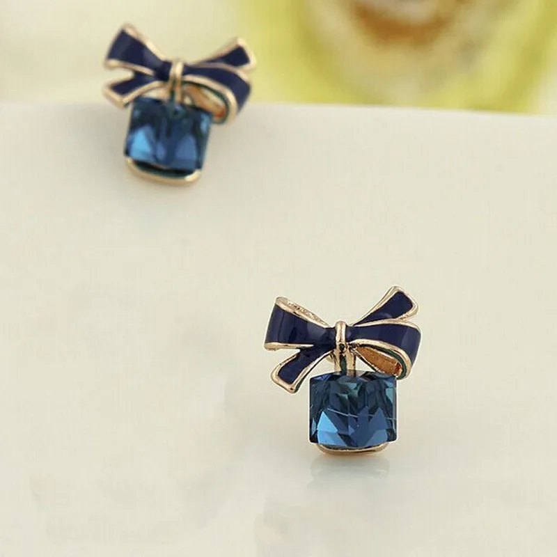 

2021 New jewelry fashion Blue Color Bowknot Cube Crystal Earring Square bow Earrings for Women Pretty gift girl Accessories