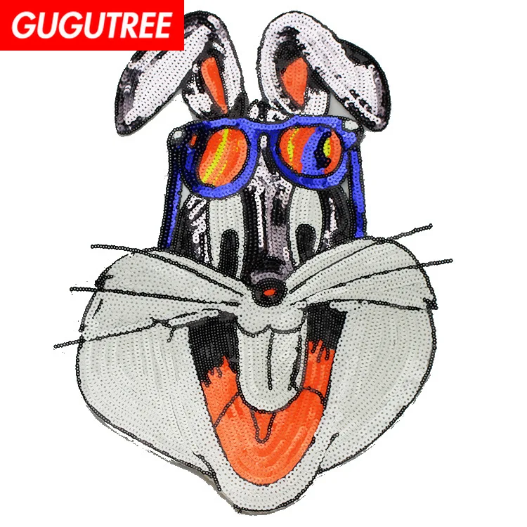 GUGUTREE embroidery Sequins big rabbit patches cartoon animal badges applique for clothing YYX-19121008 | Дом и сад