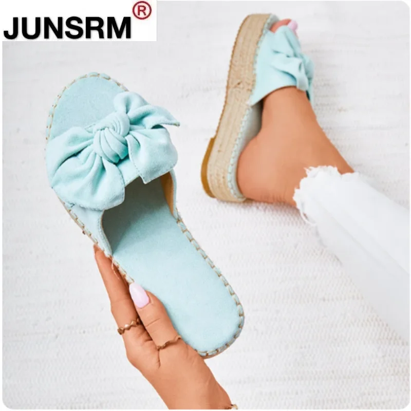 

2021 Women Bowknot Slippers Summer Casual Beach Muffin Slip on Platform Ladies Sandals Dress Party Peep Toe Female Sandals