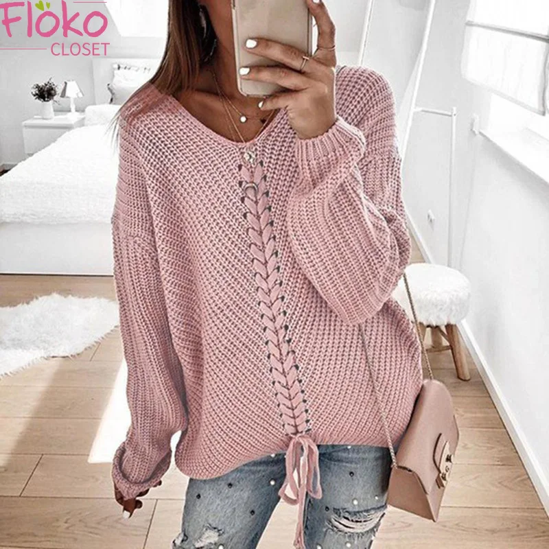 

Flokocloseet Fashion Loose V-Neck Twist Knitted Sweaters Causal Hollow Out Long Sleeve Jumpers Women Solid Pullovers