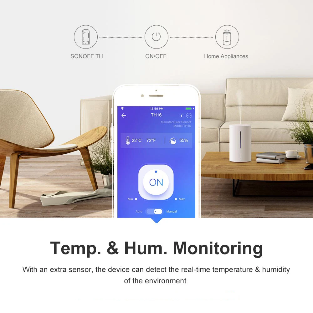 Умный Wi Fi выключатель Sonoff TH16 с мониторингом температуры влажности смарт набор