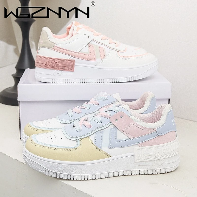 

WGZNYN 2021 Women Sneakers Ladies Casual Breathable Flats Female Woman Vulcanized Shoes Lace Up Walking Shoes Basket Platform