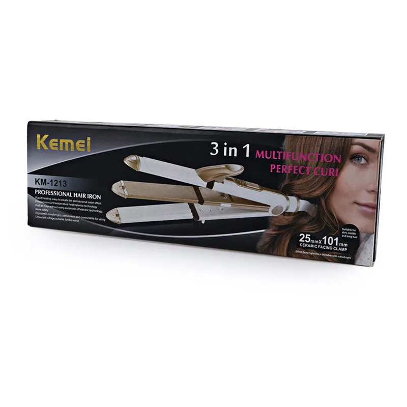 gold with box Kemei 3 в 1 щипцы для завивки волос выпрямитель для волос многофункциональное парикмахерское оборудование профессиональные инструменты для укладки волос 100-240 В 45D - Цвет: gold with box