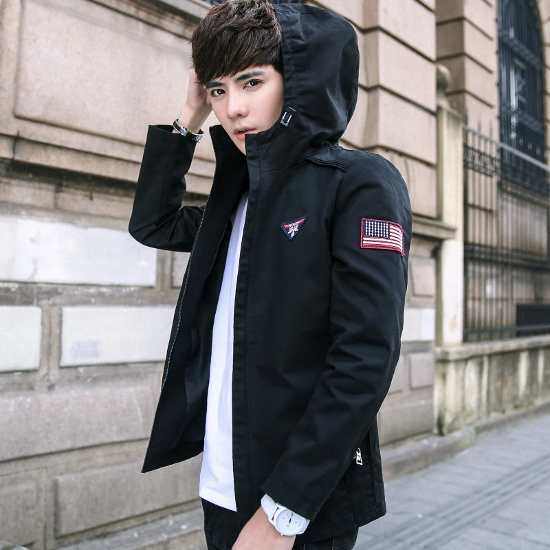 Мужская куртка с капюшоном вышивкой свободного покроя для весны и осени | одежда