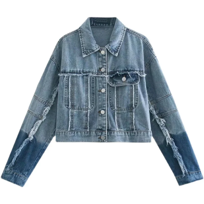 

SeeBeautiful Contrast Color Spliced Denim Jacket Coat Lapel Long Sleeve Pockets Button Women Spring 2022 New Fashion G429