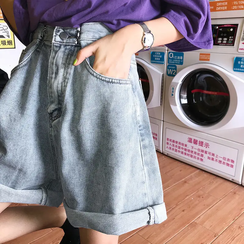 

Denim shorts women's high waist loose show thin Hong Kong Style 2021 summer new Korean student wide leg straight pants