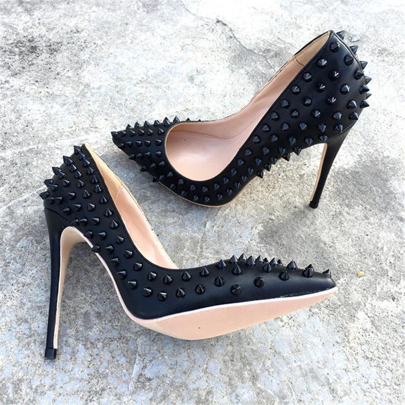 

Free shipping Casual Designer sexy lady black matt leather studded spikes pointy toe heels stiletto high heels pumps shoes 12cm