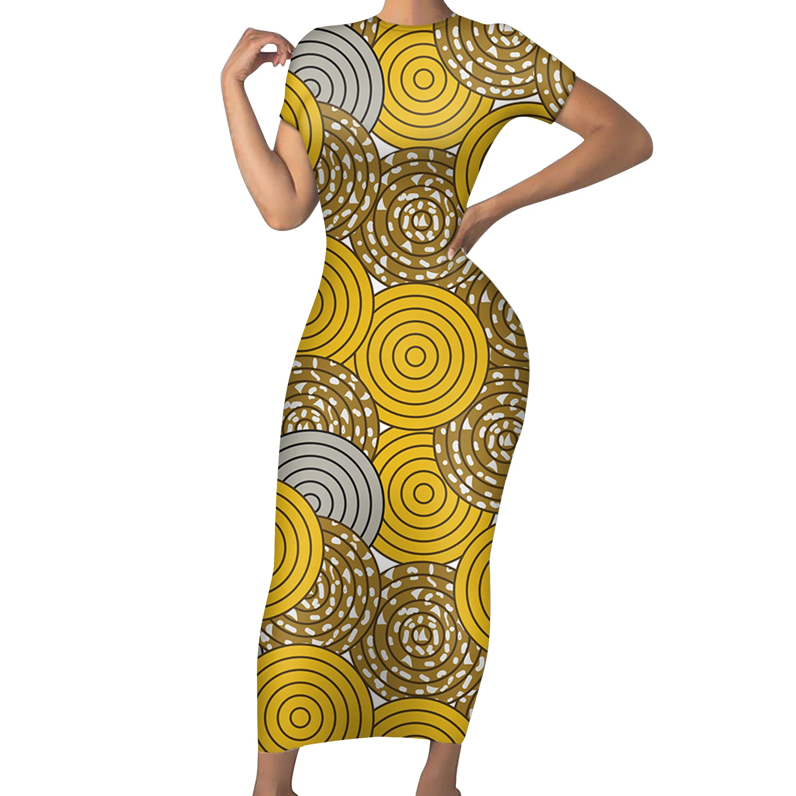 

KUILIU Ethnic Tribal Pattern Women's Sexy Bodycon Pencil Dress Vintage Shorts Sleeve Summer Female Casual Slim Long Dress