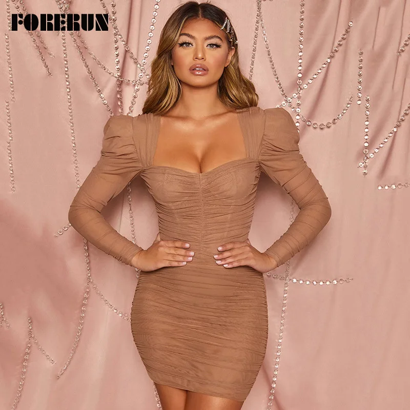 FORERUN платье с рюшами сетчатые зимние платья длинным рукавом женские вечерние