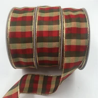 25yards 38mm wired edge red coffee gold plaid ribbon with gold edge for birthday decoration chirstmas gift diy wrapping 1 12