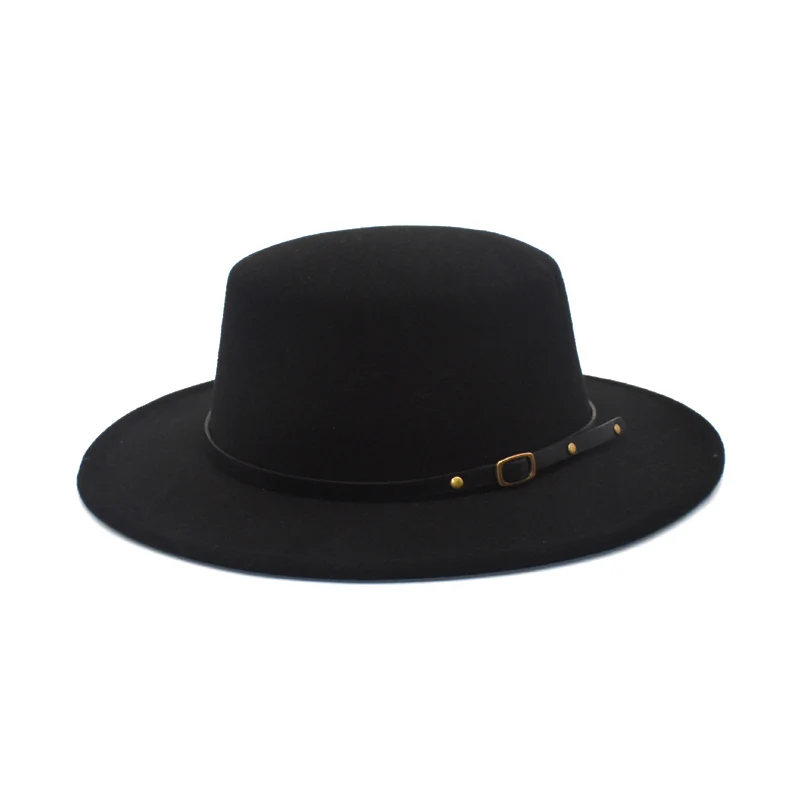 New Classic Solid Color Fedora Hat Women Wool Flat Top Bowler Hat Man Wide Brim Jazz Cap Elegant Lady Church Hats P21