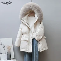 fitaylor new winter 90 white duck down coat large real fur hooded down jacket waist retractable loose thick warm snow outwear