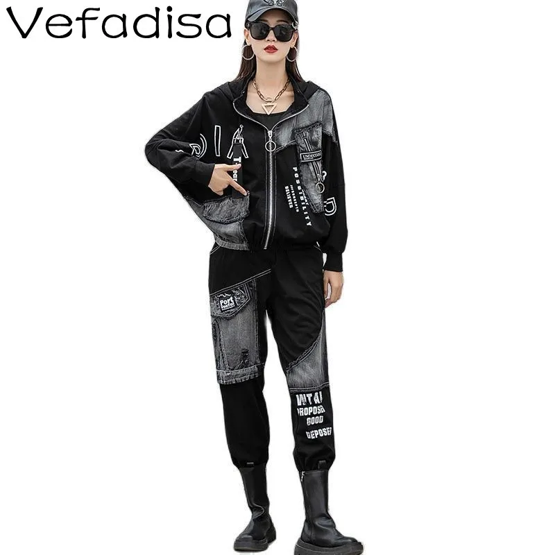 

Vefadisa 2021 Autumn Fashion Letter Printing Stitching Denim Sets Women Hooded Cardigan Jacket + Casual Jeans Two Piece ZWL1012A