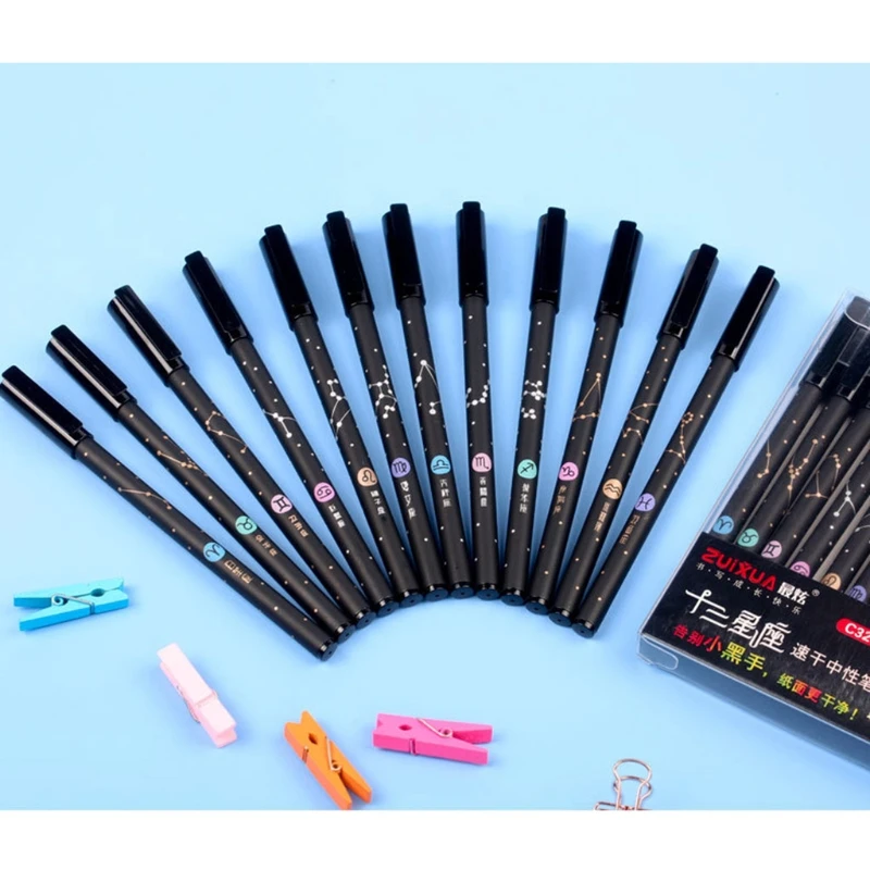 

12 Constellation Gel Pens 0.5mm Starry Black Ink Pen Student Stationery Gift Office School Writing Supplies