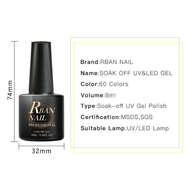 

RBAN NAIL 60 Colors Gel Nail Polish 8ml Pure Color Gel Manicure Soak Off UV Gel Nail Art Lacquer Gel Varnish Base Top Coat