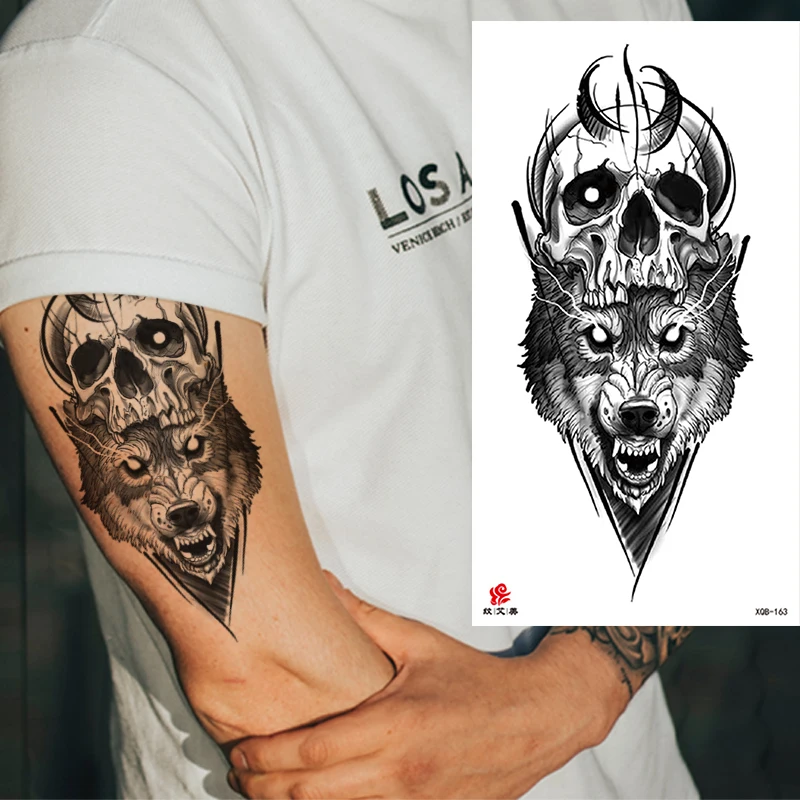 

Черная сетка мечты дикий волк череп руки временная татуировка наклейка водостойкая искусственная наклейка для боди-арта для мужчин