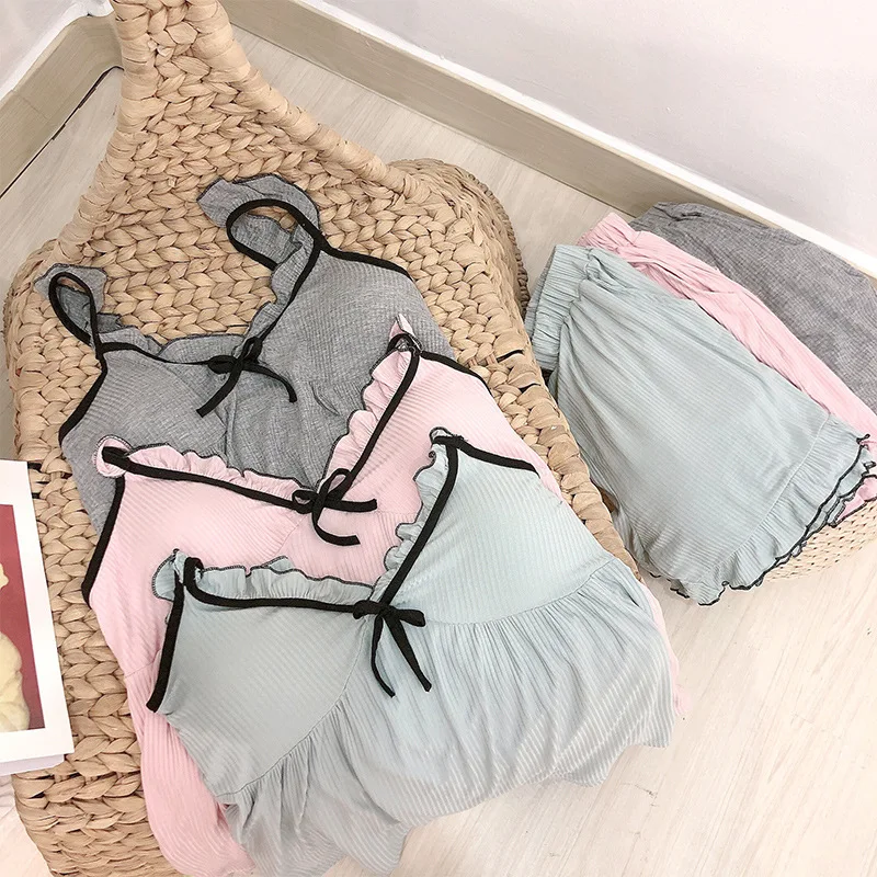 Women's Summer Sling Pajamas Set Shorts Modal Sweet Wind Belt Bra Ear Edge Sexy Nightgown Suit Home Wear Sleepwear Nightwear