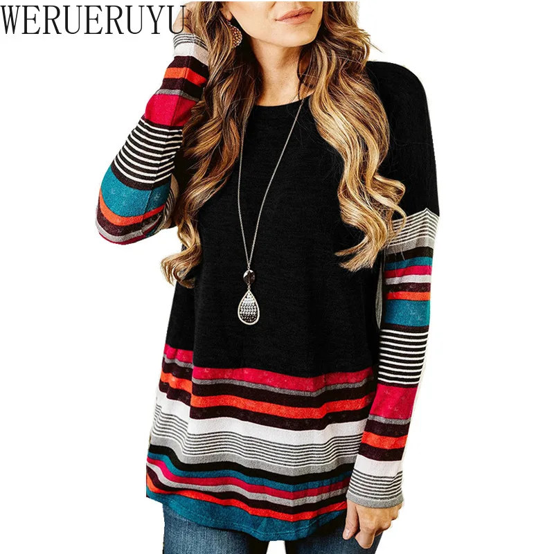 

Long Sleeve Striped Print Patchwork Top Black Women Tshirt Korean Style Clothes O-neck Autumn Winter Casual Harajuku T Shirt