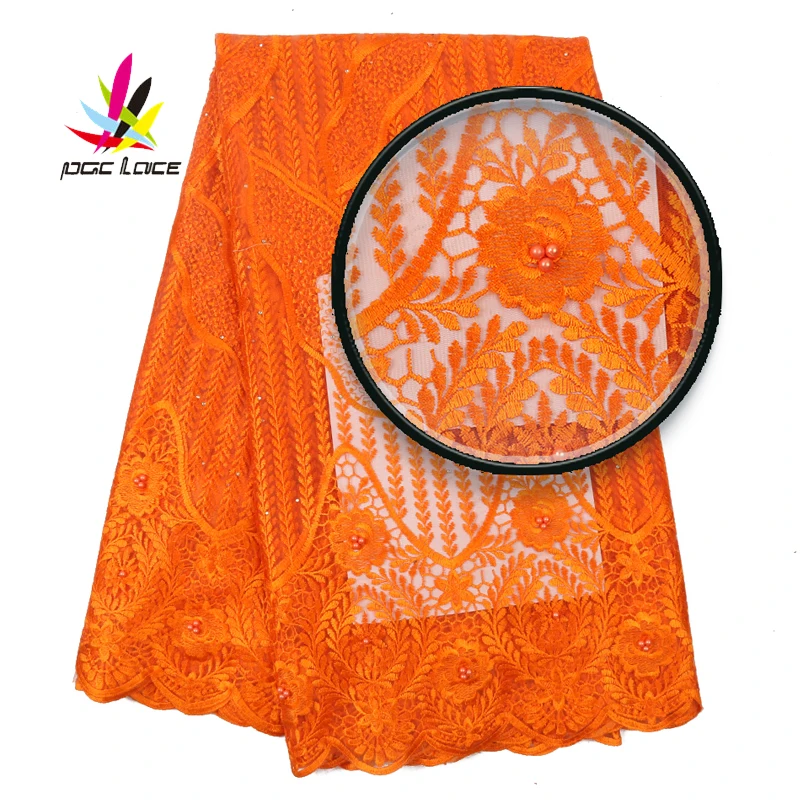 

Nigerian Fabric Fabrics African Embroidered Orange Color French Tulle Mesh Lace Fabric with Beads for Bridal Materials XZ2944B
