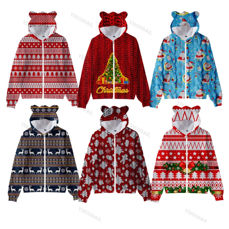 

Christmas Women Hoodies 3D Cat Ears Cute Girls Hooded Boys Girls Kawaii Hoodies Sweatshirts Kids Happy New Year Gifts
