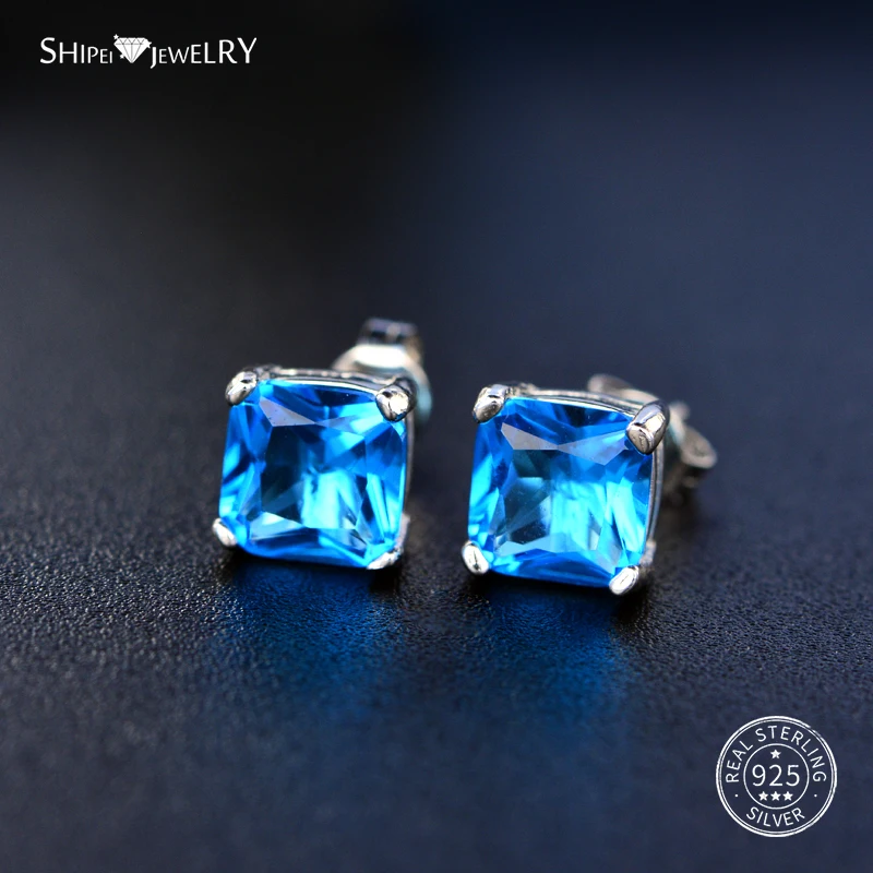 Женские квадратные серьги гвоздики Sapphire ShiPei 100% Стерлинговое Серебро синий