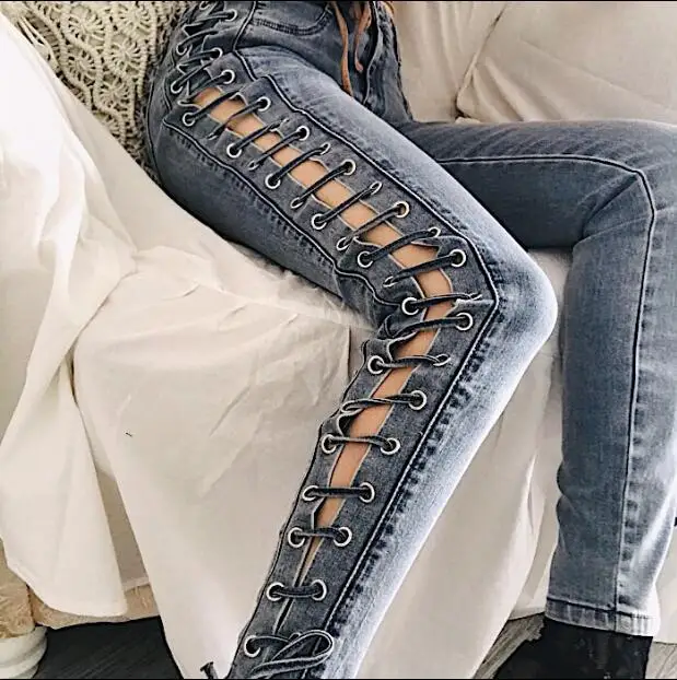 

Jeans women Hollow Denim Lace up jeans Pencil Vintage Pumk